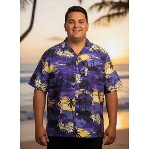 Mens Hawaiian Button-Up Shirt Purple With Tropical Palm & Floral Print Short Sle